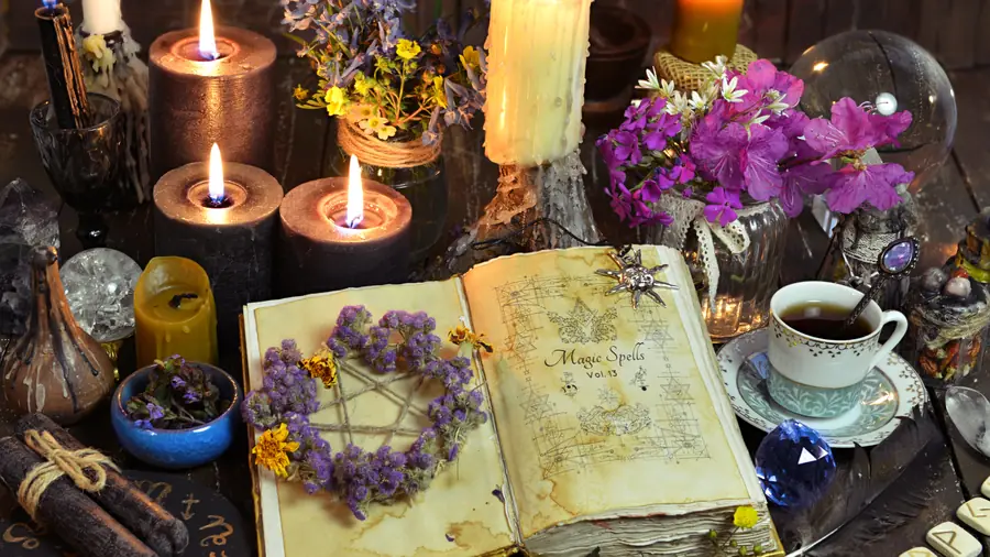 Mesa de tarot con velas y elementos espirituales